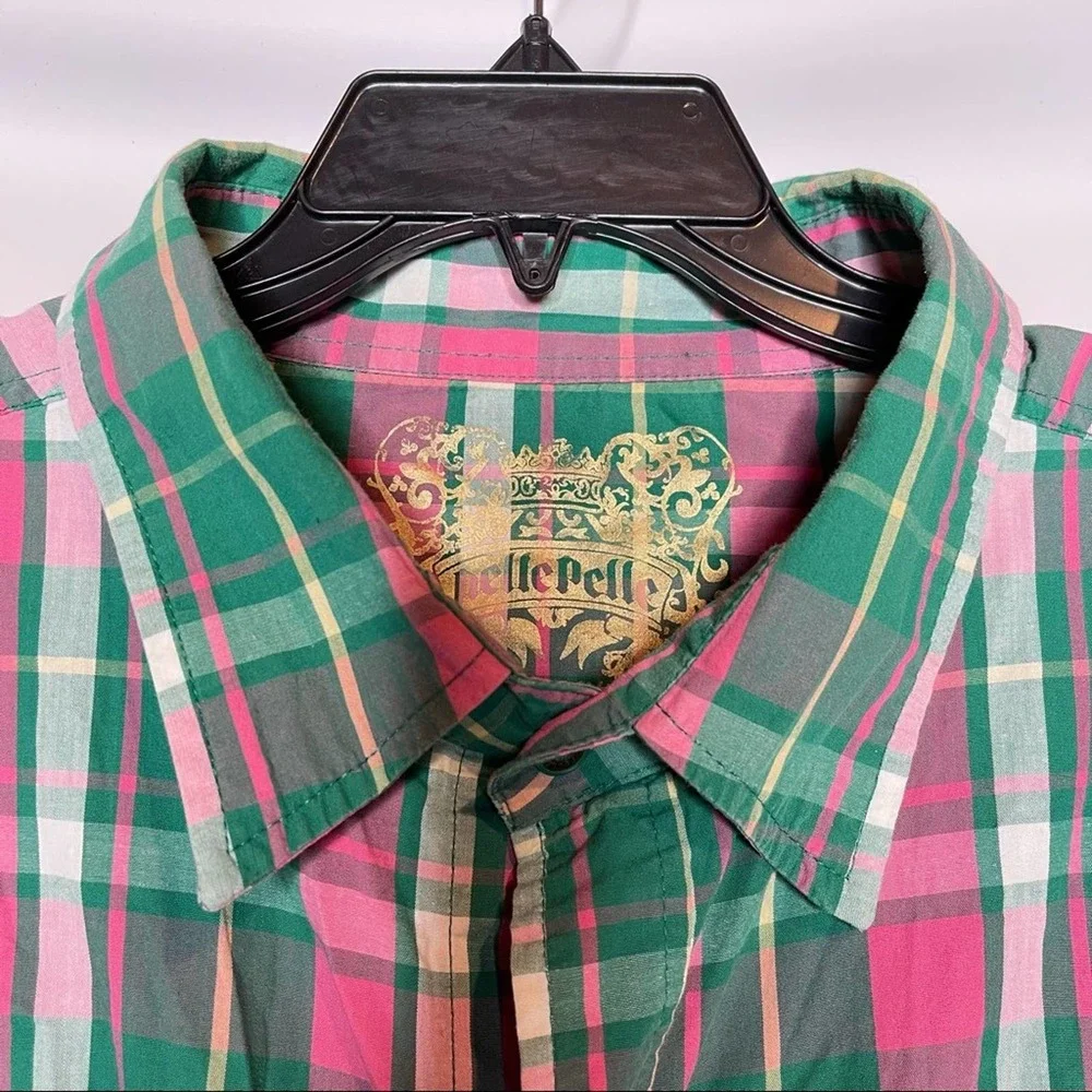 Vintage Pelle Pelle, Men’s Green and Pink Short Sleeve Button Shirt, 5X - Picture 6 of 10